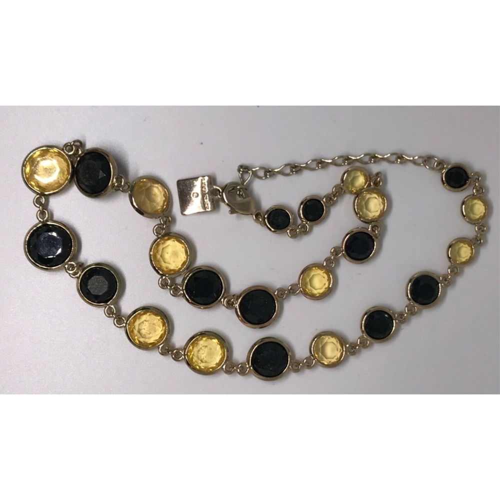 Vintage Anne Klein Black & Gold Bezel Rhinestone Crystal Gold Tone Necklace
